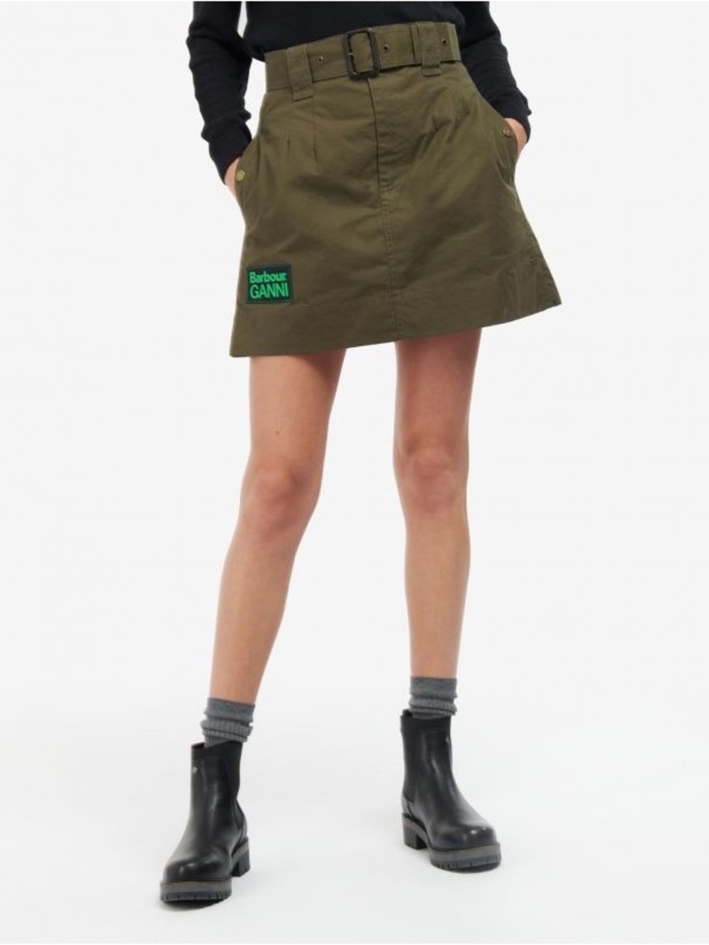 GANNI x Barbour A-Line Belted Cotton Skirt In Green Size 2